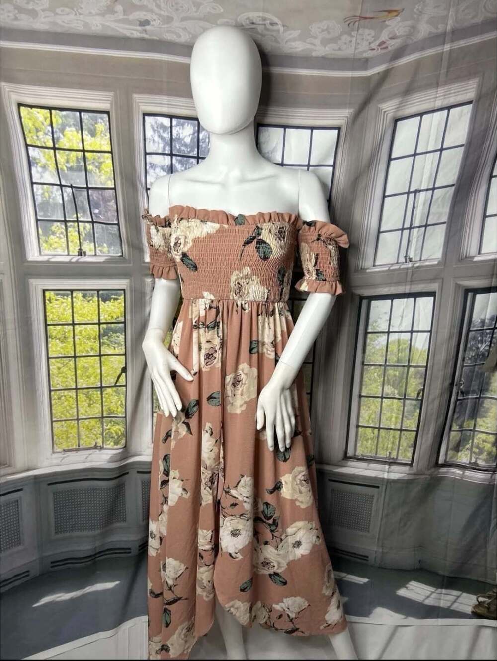 ZAFUL S Rose Floral Smocked Off Shoulder Midi Dress Boho Cottagecore